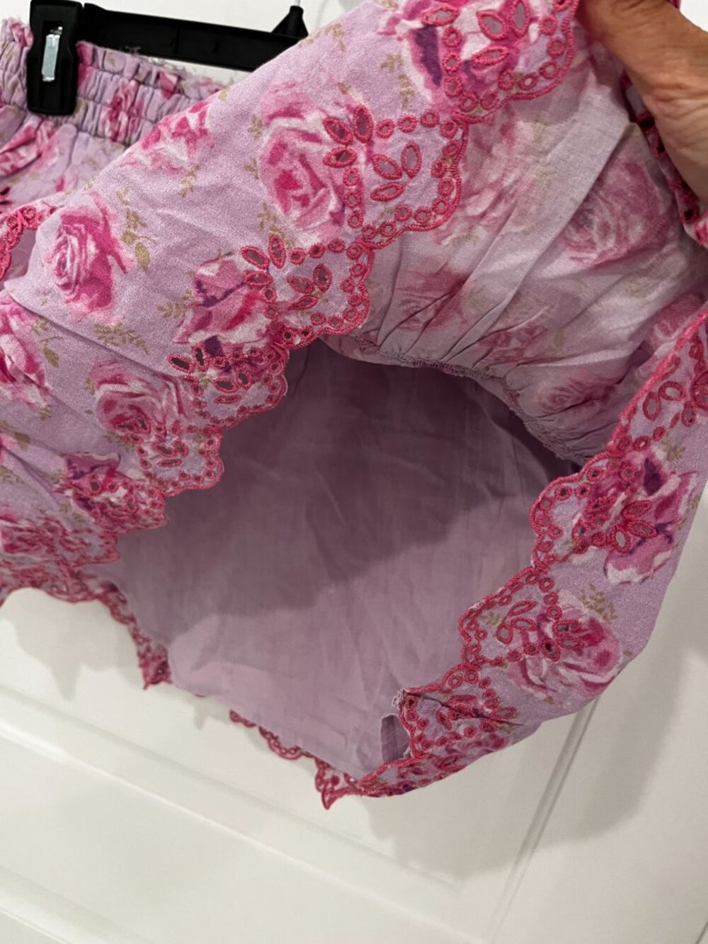 Love Shack Fancy Pink Lace Floral Tiered Mini Skirt MEDIUM Pull On Cotton - Picture 4 of 6